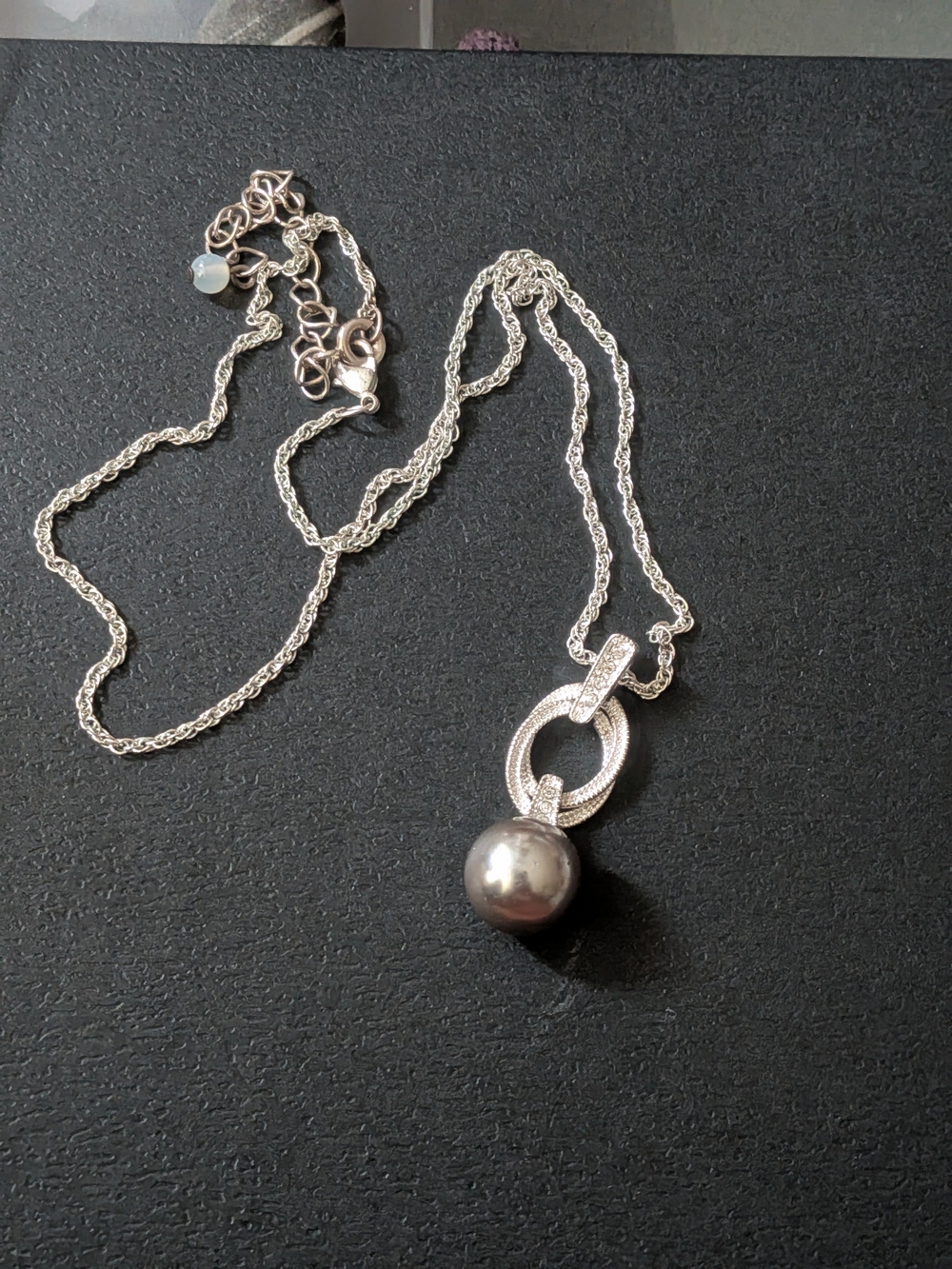 Vintage NVC Signed Faux Dark Gray Pearl & Rhinestone Pendant Necklace